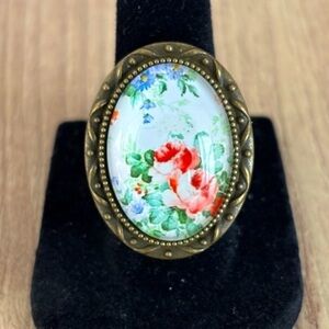 Vintage Floral Print Victorian Style Adjustable Ring, Handmade, NWT